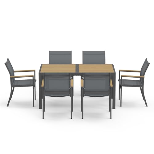 Wisteria Lane grey 7-piece aluminum patio dining set with round HDPS table and Teslin chairs