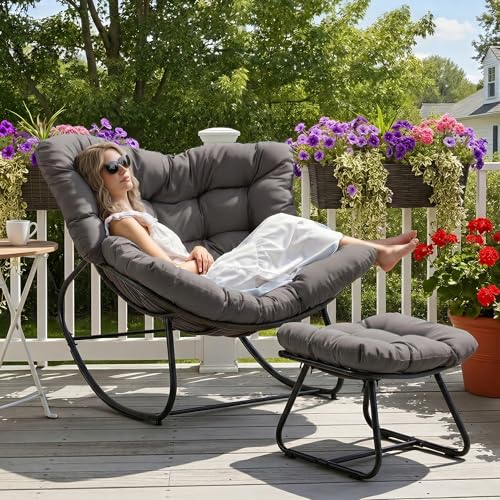 Wisteria Lane dark grey oversized rocking egg chair with ottoman and cushions