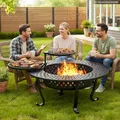 Wisteria Lane black 43 inch wood burning outdoor fire pit with 2 adjustable grills and lid