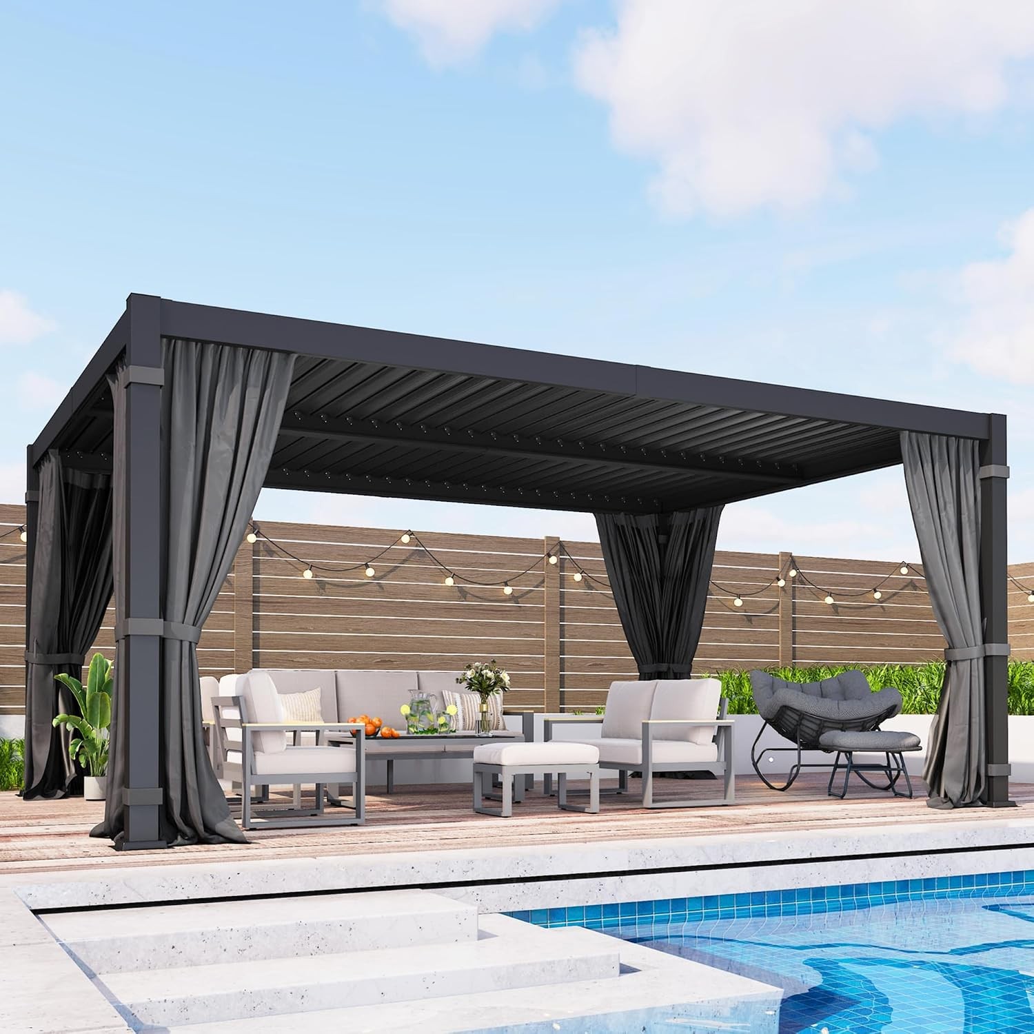Wisteria Lane outdoor conversation set and pergola on a patio