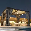 Wisteria Lane dark gray 10 by 12 foot aluminum louvered pergola with curtains and netting