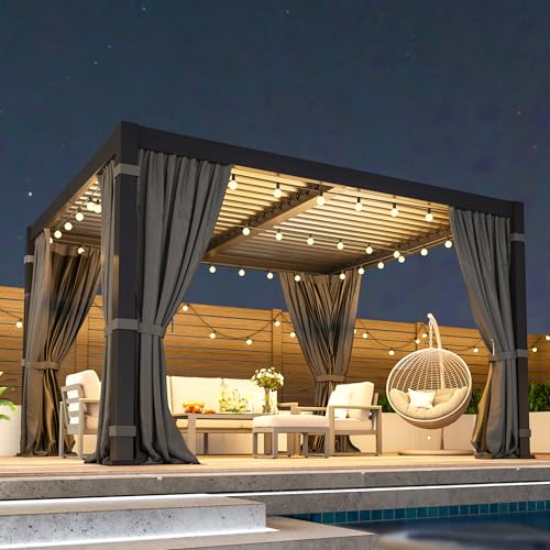 Wisteria Lane dark gray 10 by 12 foot aluminum louvered pergola with curtains and netting