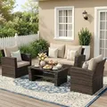 Wisteria Lane brown 4-piece wicker patio conversation set with glass-top storage coffee table