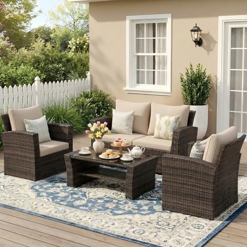 Wisteria Lane brown 4-piece wicker patio conversation set with glass-top storage coffee table