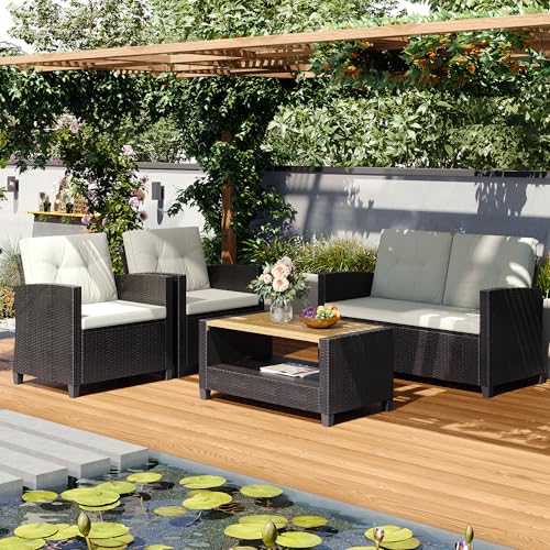 Wisteria Lane beige 4-piece wicker patio conversation set with wood coffee table