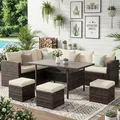 Wisteria Lane brown 7-piece wicker sectional patio set with wood-plastic composite table and footstools
