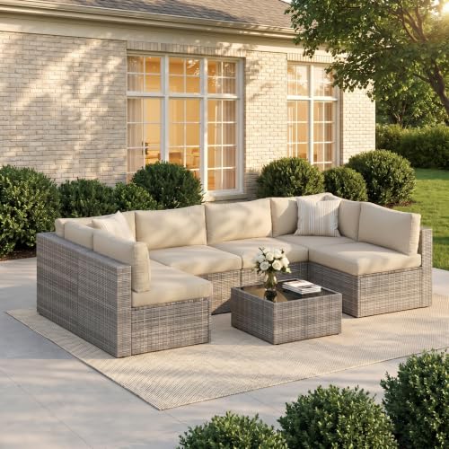 Wisteria Lane beige 7-piece hand-woven wicker patio sectional set with coffee table